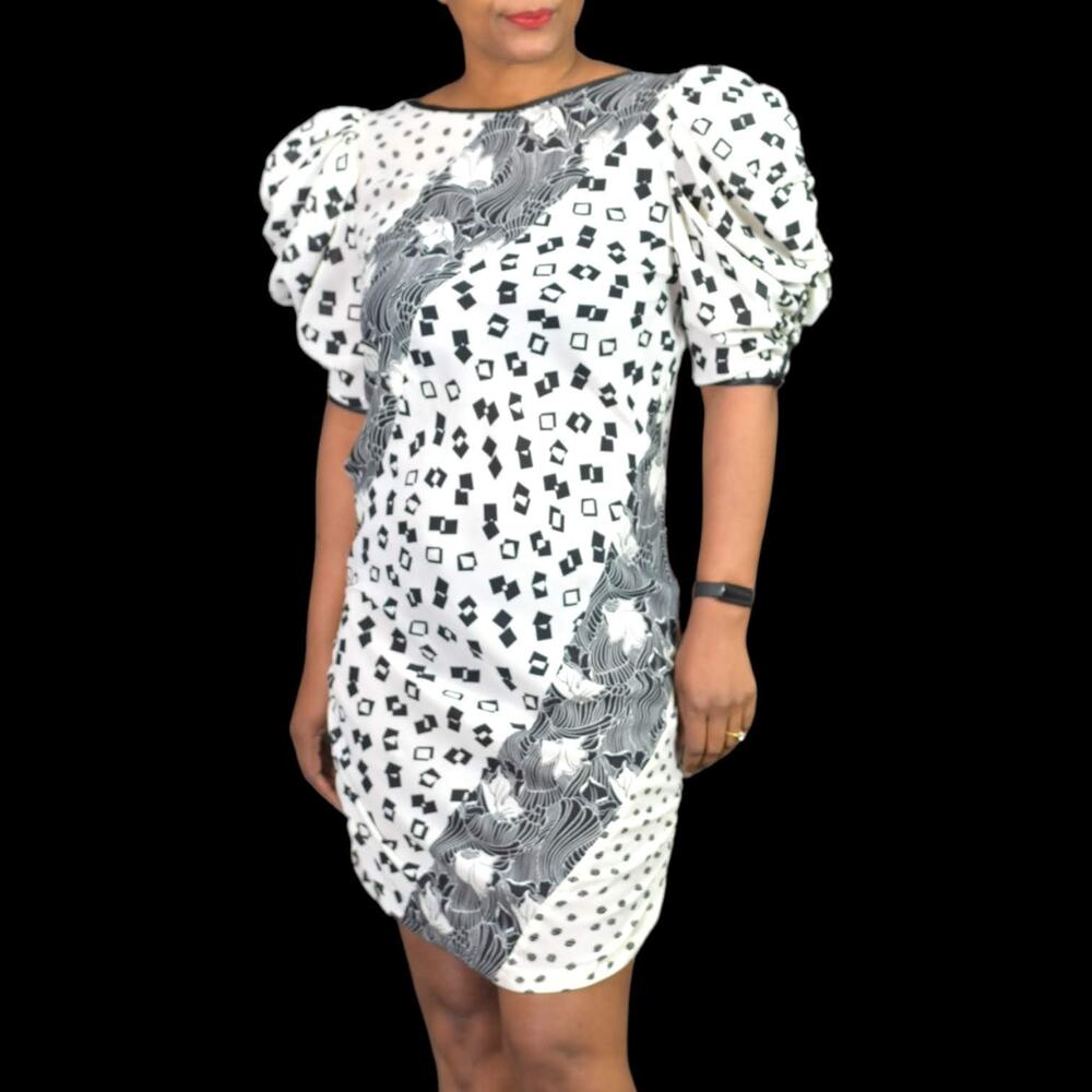 Vintage Lorrie Kabala Puff Sleeve Dress Black White Silky Printed 80s Size Small